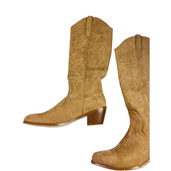 Womens Faux Leather Knee High Block Heels Western Cowboy Work Boots Tan Size 41 - Picture 9 of 13